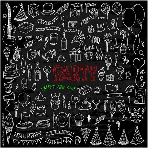 Set Of Party Drawing Illustration Hand Drawn Doodle Sketch Line Vector