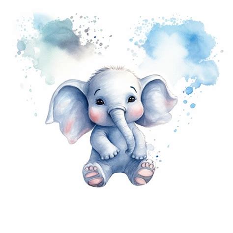 Hay Un Dibujo De Acuarela De Un Elefante Bebé Con Una Nube En El Fondo