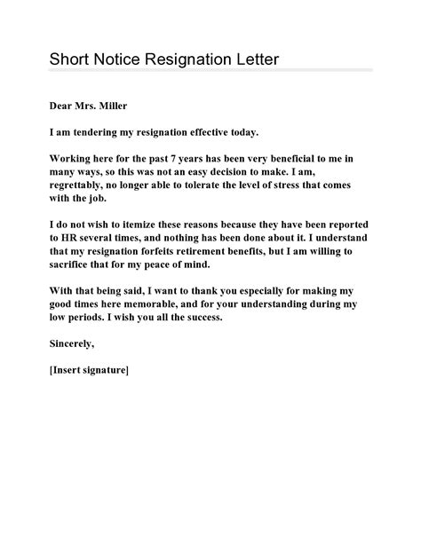 Short Notice Resignation Letters Free Templatearchive