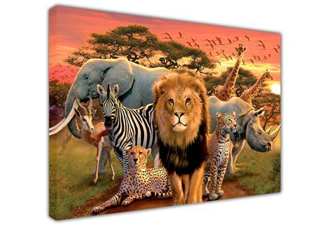 Large Canvas Wall Art Cute African Wildlife Children Lion Elephant
