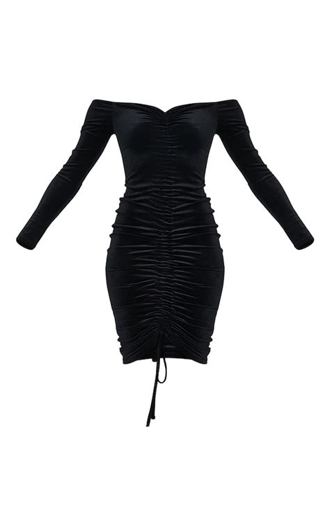 Black Velvet Bardot Ruched Midi Dress Prettylittlething Usa