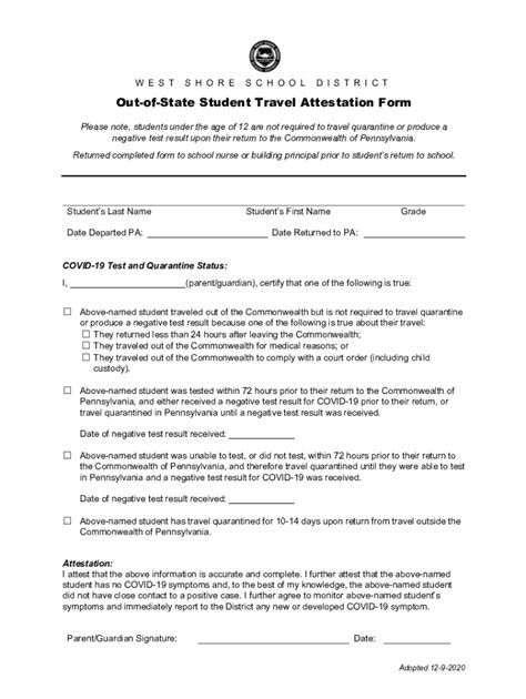 Fillable Online Out Of State Student Travel Attestation Form Fax Email