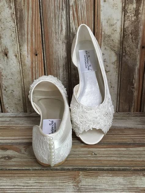 bridal ballet flat shoe open toe satin and lace covered flat with hand beaded lace and pearl