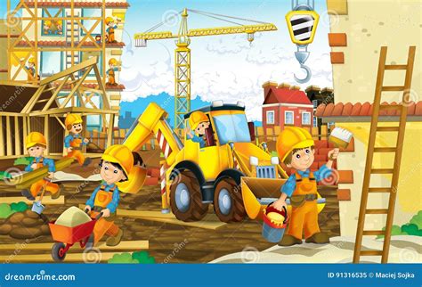 Cartoon Scene Of A Construction Site With Different Heavy Machines And