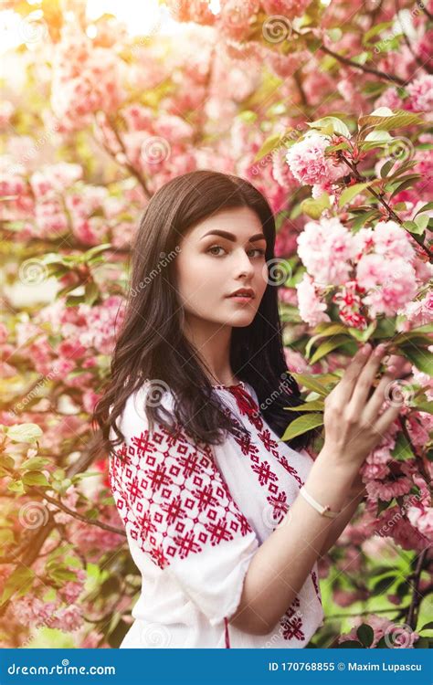 Young Woman In Blooming Garden Stock Image Image Of Growth Elegance