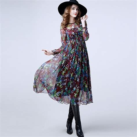 100 Silk Long Dress Women Prairie Chic Style Printed O Neck Long Sleeves Empire Waist 2 Colors