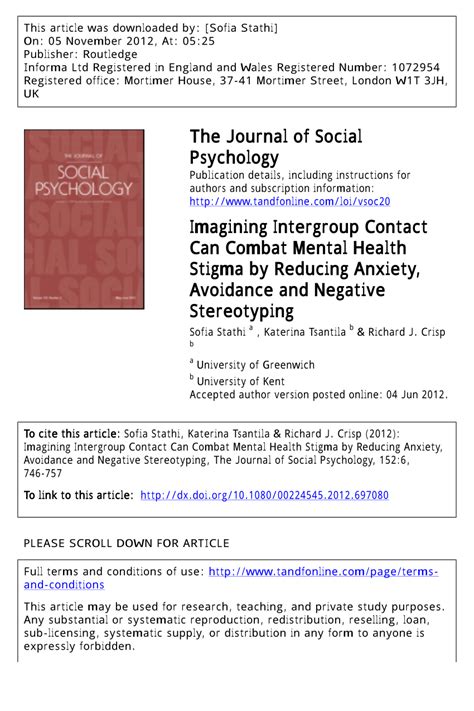 Pdf Imagining Intergroup Contact Can Combat Mental Health Stigma By Reducing Anxiety