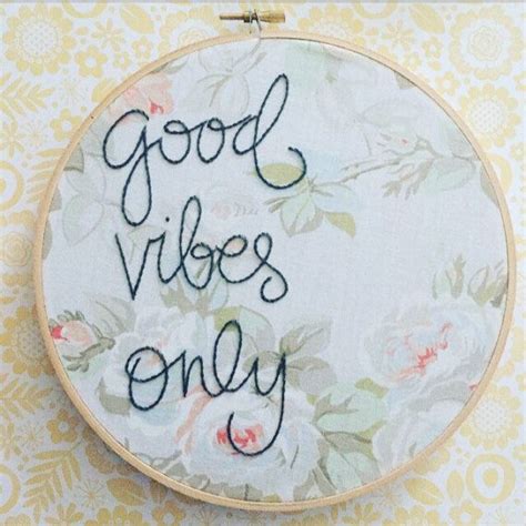 Good Vibes Only Hand Embroidered Quote Vintage Flower Fabric Fabric