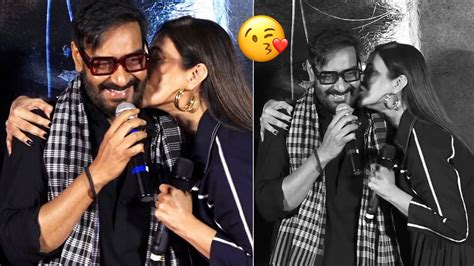 Tabu Kiss Ajay Devgn On Stage At Bhola Movie Trailer Launch