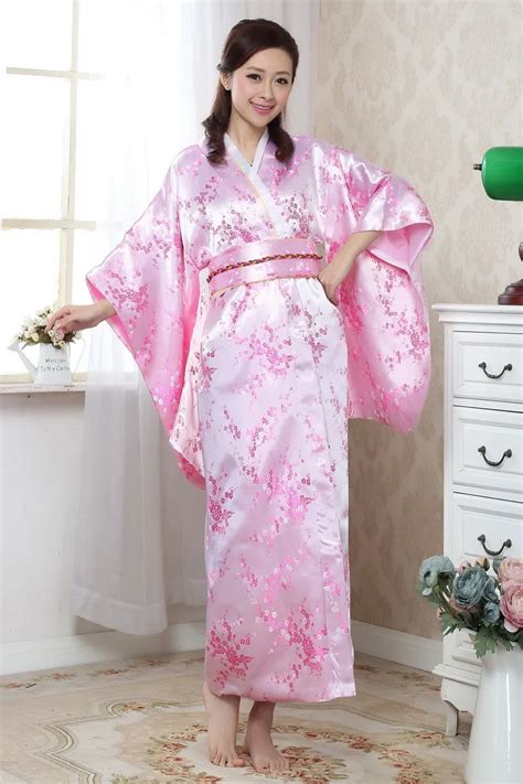 nouveauté rose japonais femmes kimono yakata avec obi traditionnel soie satin robe de soirée