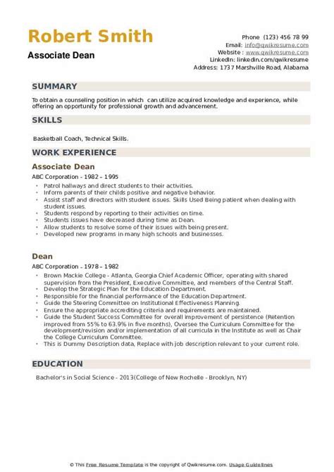 Apply to adjunct professor and more! Dean Resume Samples | QwikResume