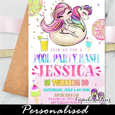 Paper Unicorn Pool Party Edit Now Pool Party Invitation Unicorn Pool Party Invitation 5x7 Id