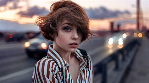 Women Brunette Short Hair Blue Eyes Portrait Windy