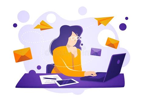 Vector Illustration Business Women Sit On Laptop Check And Send Emails