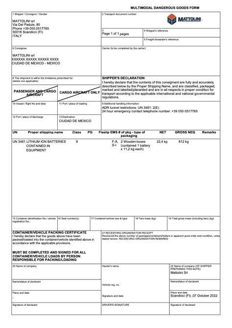 DOCUMENTAZIONE PER LA SPEDIZIONE DI MERCE PERICOLOSA Mattolini