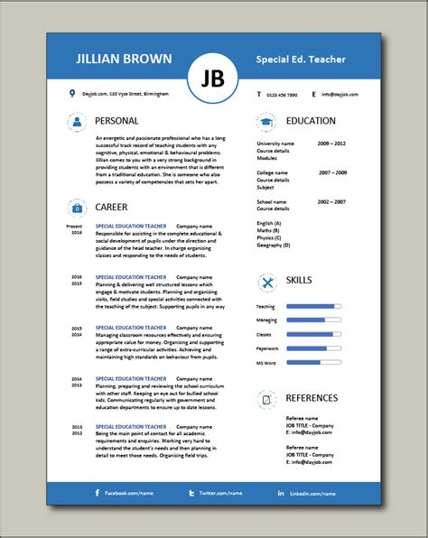 A candidate centric special education teacher resume example that shows you what to write in a cv. Free Special Education Teacher resume template 8