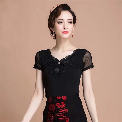 New Fashion Short Sleeve Embroidery Floral Sexy Latin Dance Top For Womenfemalelady Dancers