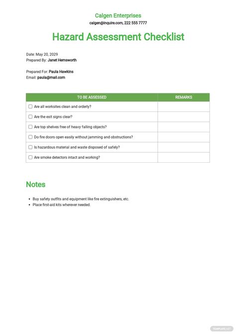 General Hazard Assessment Checklist Template Free Pdf Word Apple My