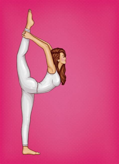 girl in white suit doing gymnastics or yoga stands in position on one leg and stretches eps