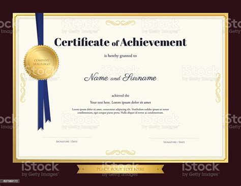 Elegant Certificate Of Achievement Template With Blue Ribbon Stock