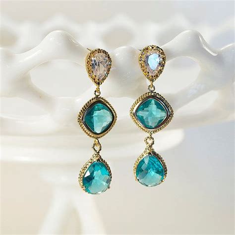 Gold And Teal Crystal Bridal Earrings Green Jade Dangle Etsy