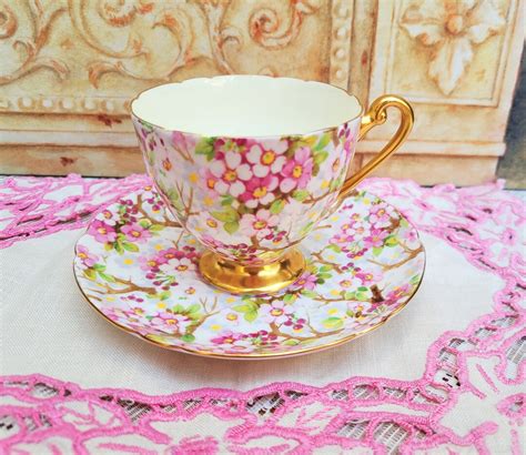 Shelley China Maytime Chintz Teacup And Saucer Duo Ripon Gold Etsy Uk