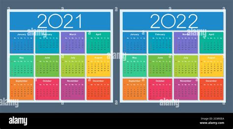 Calendario Colorido Para 2021 Y 2022 Años La Semana Comienza El Domingo Ilustración Vectorial