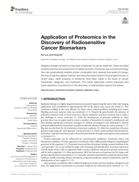 Pdf Application Of Proteomics In The Discovery Of Radiosensitive