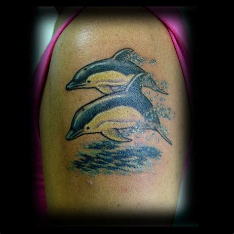 Little Colored Beautiful Dolphins Tattoo On Shoulder Tattooimagesbiz