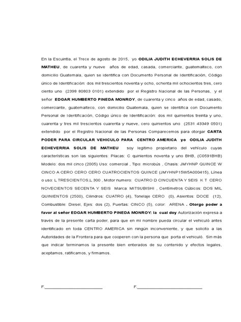 Carta Poder Para Circular Vehiculo Para Centro America Guatemala