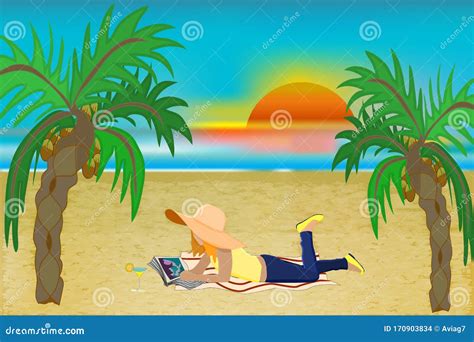Girl Sunbathing On A Beach Mat On The Sea And Reading A Book Stock Vector Illustration Of
