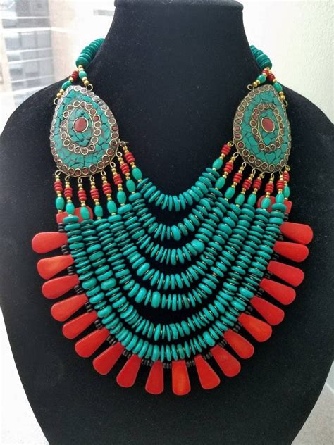 Tibetan Coral And Turquoise Bib Necklace Statement Necklace Teal Bead