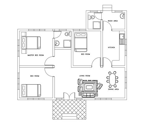 Single Story Three Bed Room Small House Plan Free Download With Dwg Cad