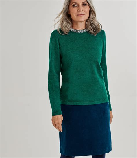 Green Womens Merino Embellished Neck Detail Jumper Woolovers Uk