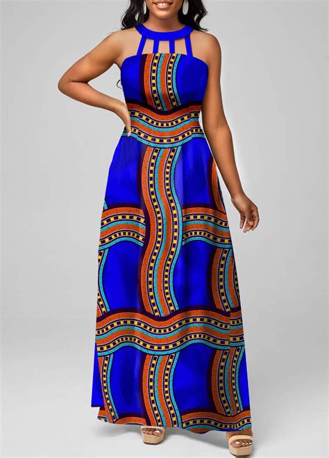 Tribal Print Cage Neck Royal Blue Maxi Dress Usd 3698