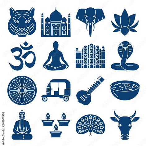 India National Symbols Silhouette Icons Set In Flat Style Stock Vector