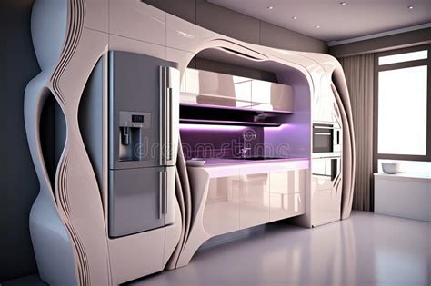 High Tech Kitchen With Futuristic Appliances And Sleek Finishes Stock