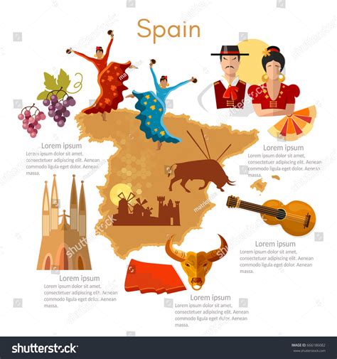 Spain Infographics Sights Culture Spanish Traditions Stock Vector