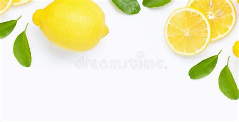 Frame Made Of Fresh Lemon And Slices With Leaves Isolated On White