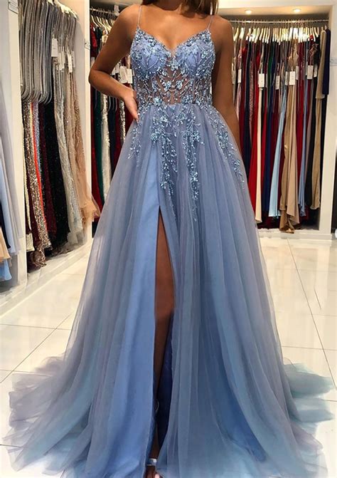 A Line V Neck Sweep Train Tulle Prom Dress With Beading Sequins Split Prom Dresses Uk