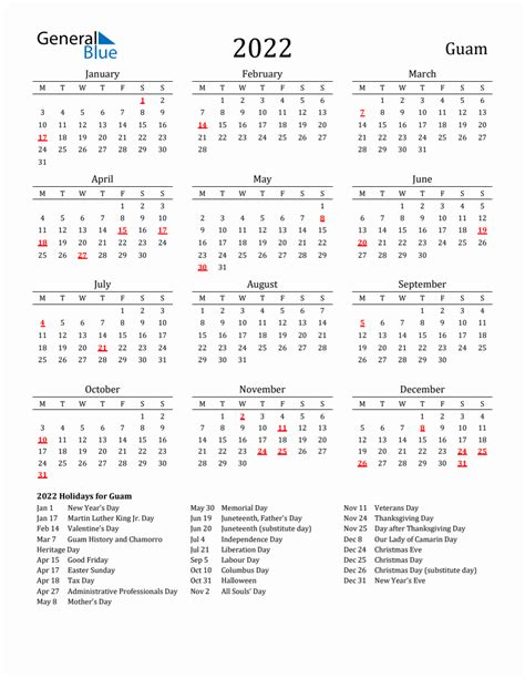 Free Guam Holidays Calendar For Year 2022
