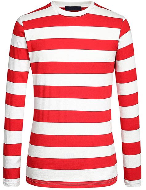 Mens Cotton Round Neck Casual Long Sleeves Stripe T Shirt Red White