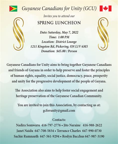 Guyanese Canadians For Unity Gcu Spring Luncheon Pickering On May 7 2022 Guyanese Online
