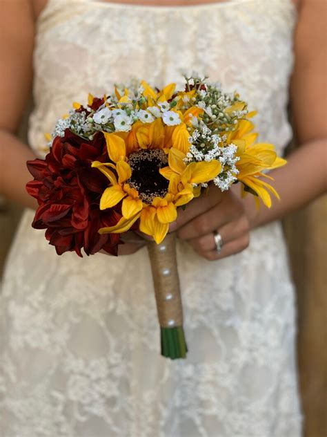 Burgundy Dahlias And Sunflowers Bouquet Bride Bouquet Burgundy Etsy