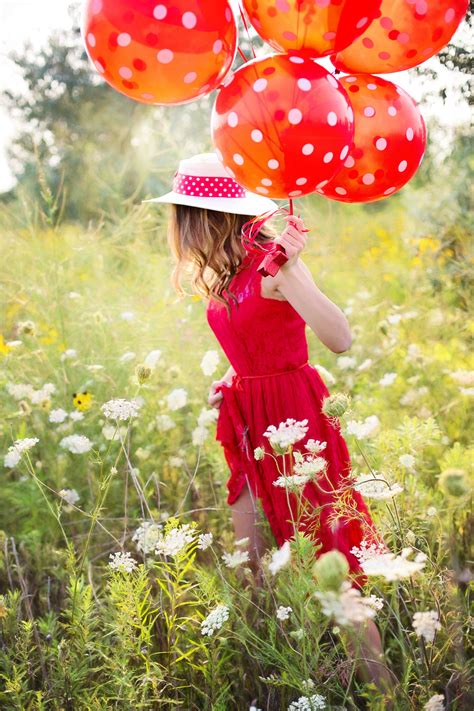 Portrait Photography Of Woman In Red Dress Holding Red Balloons Hd