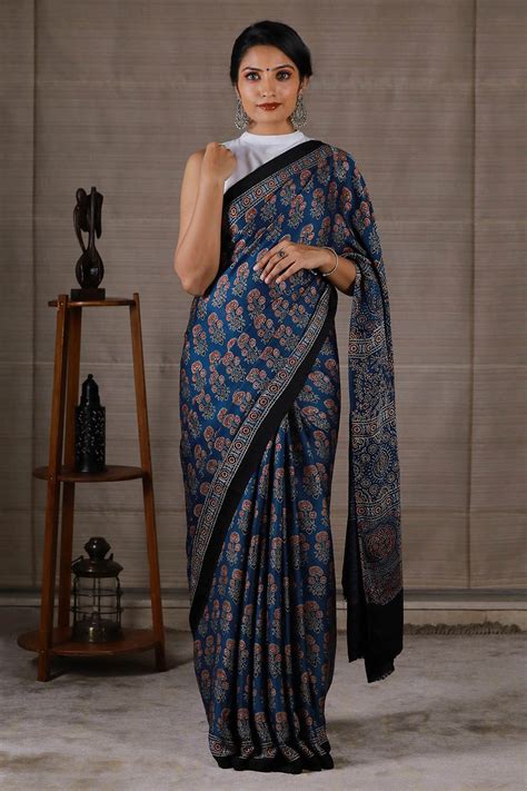 Ajrakh Saree Modal Silk Byhand I Indian Ethnic Wear Online I