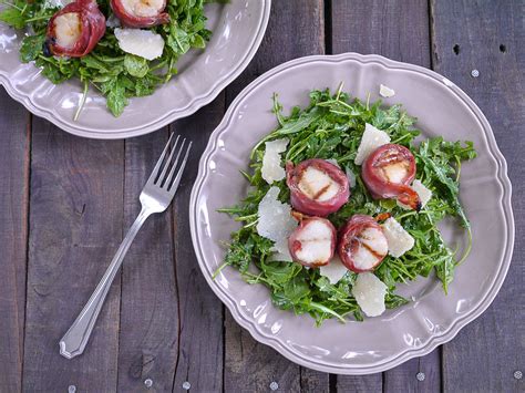 Simply serve a scoop of the salad over lettuce, pair with crackers, . Grilled Prosciutto Wrapped Scallops Over Arugula, Pesto ...