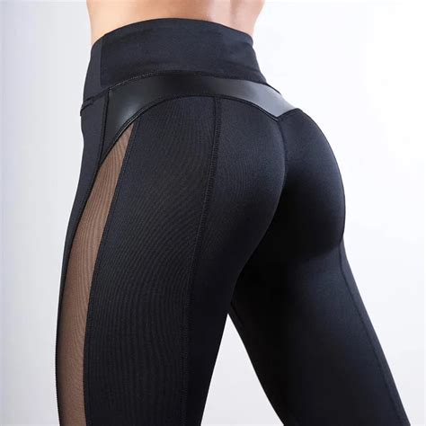 New Pu Leather Fitness Leggings Sexy Mesh Splice Women Booty Push Up Leggins Black Skinny Dry