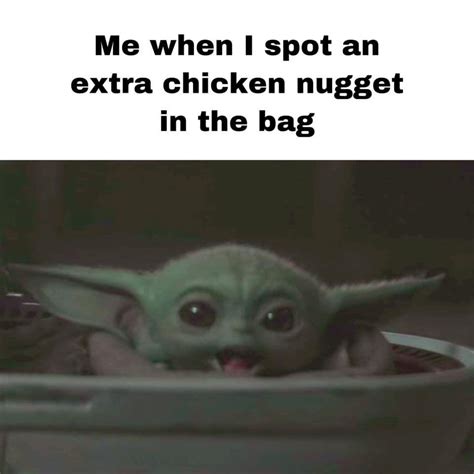 Once your nuggets are hard we're going to go dry, wet, dry, wet, he instructed, transferring the frozen chicken shapes between the two bowls then placing them nishi completed the process by frying the nuggets in a pan filled with oil for two minutes on each side. 14+ Baby Yoda Memes Chicken Nuggies - Factory Memes