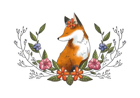 Cute Fox Animal Forest With Leaves And Flowers Vector Choose From